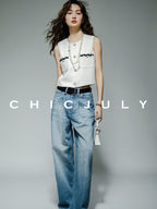 chicjuly Black White Sequin Chain Button Round Neck Women's Acetate Skirt Suits