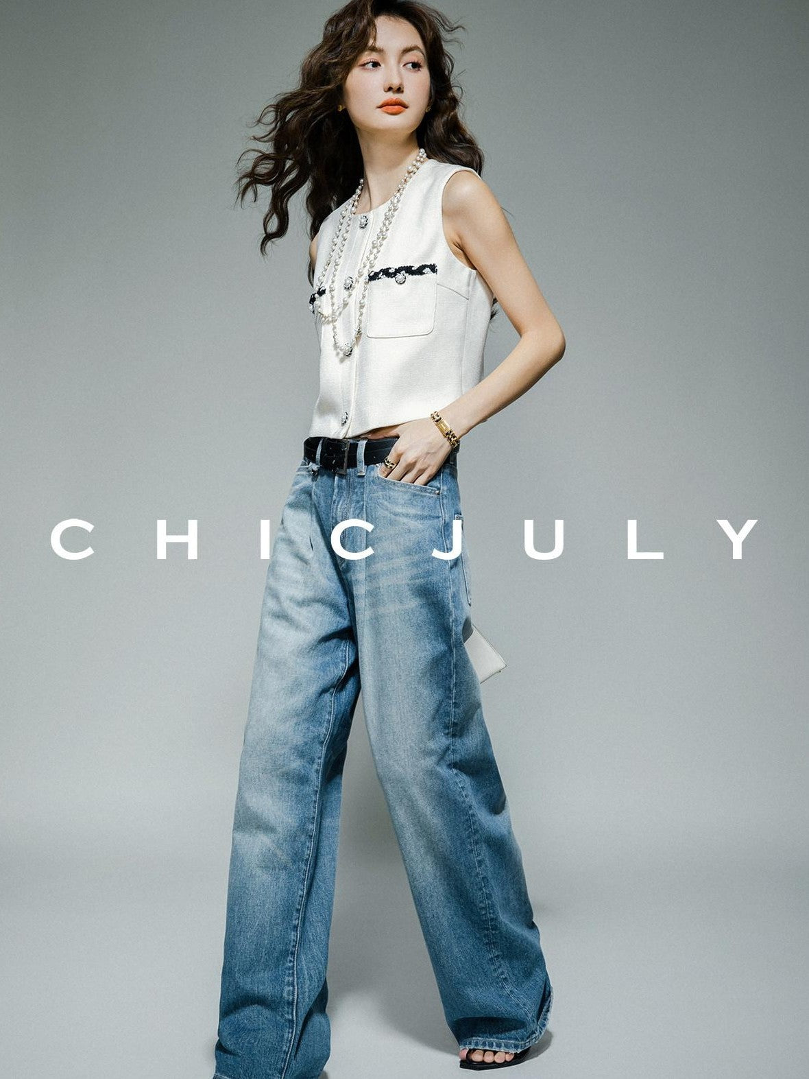 chicjuly Black White Sequin Chain Button Round Neck Women's Acetate Skirt Suits