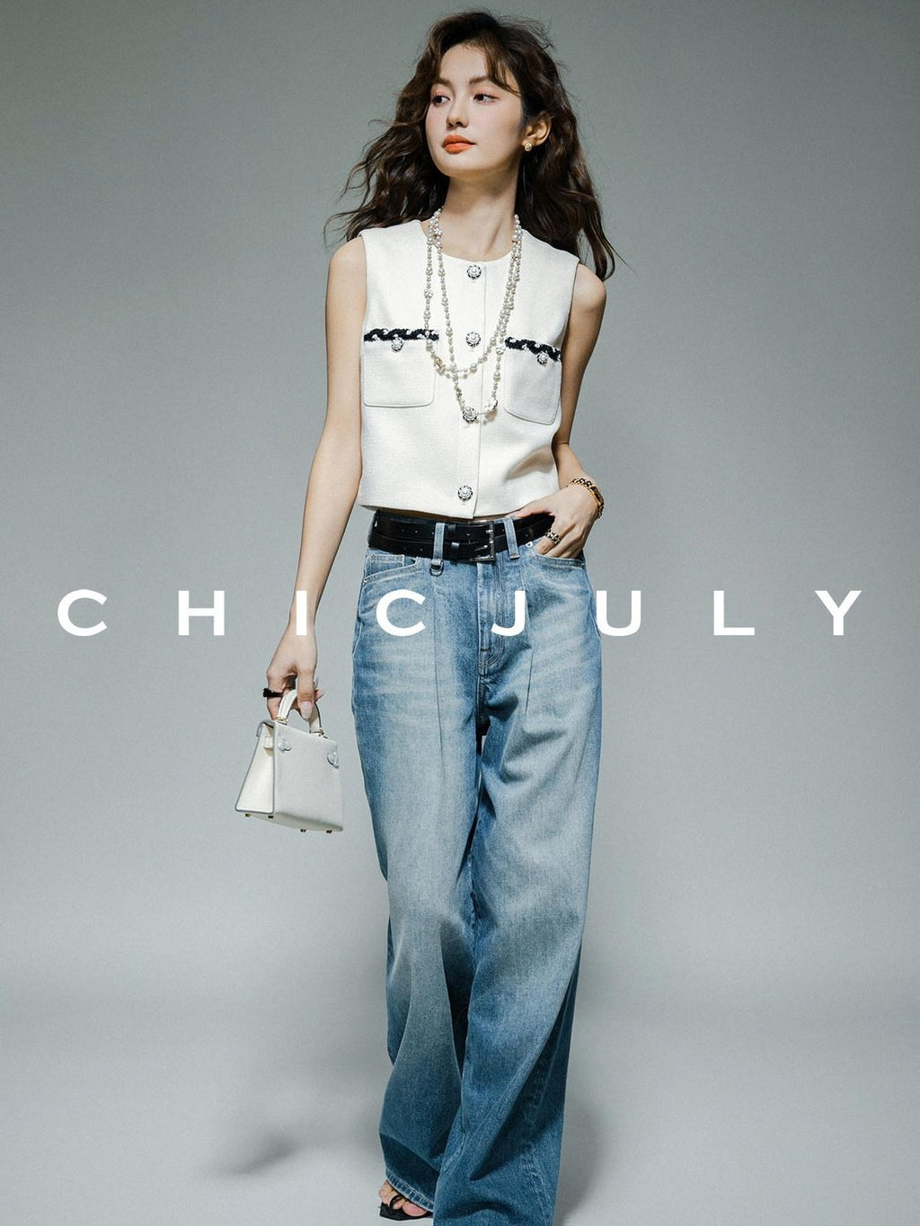 chicjuly Black White Sequin Chain Button Round Neck Women's Acetate Skirt Suits