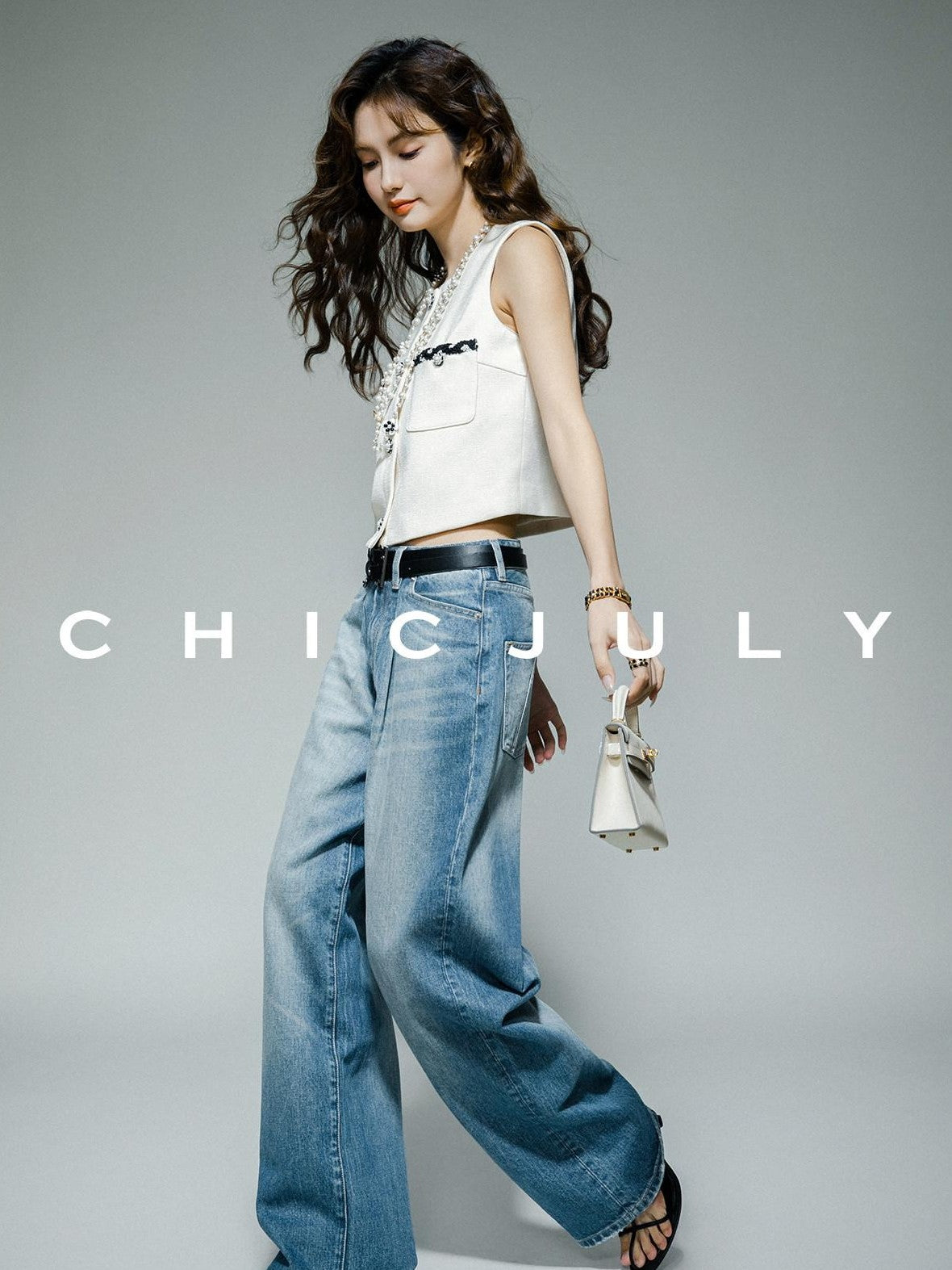chicjuly Black White Sequin Chain Button Round Neck Women's Acetate Skirt Suits