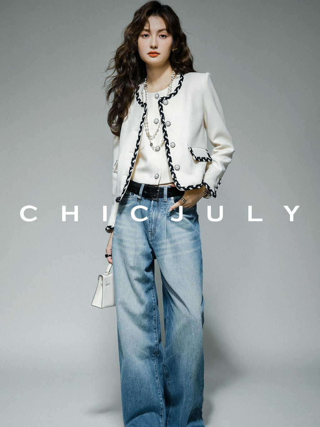 chicjuly Black White Sequin Chain Button Round Neck Women's Acetate Skirt Suits