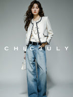 chicjuly Black White Sequin Chain Button Round Neck Women's Acetate Skirt Suits