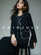 chicjuly Black White Sequin Chain Button Round Neck Women's Acetate Skirt Suits