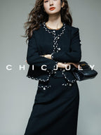 chicjuly Black White Sequin Chain Button Round Neck Women's Acetate Skirt Suits