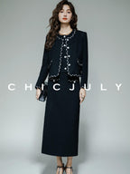 chicjuly Black White Sequin Chain Button Round Neck Women's Acetate Skirt Suits