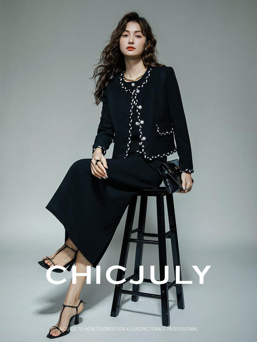 chicjuly Black White Sequin Chain Button Round Neck Women's Acetate Skirt Suits