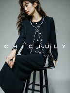 chicjuly Black White Sequin Chain Button Round Neck Women's Acetate Skirt Suits