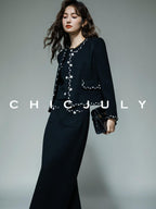 chicjuly Black White Sequin Chain Button Round Neck Women's Acetate Skirt Suits