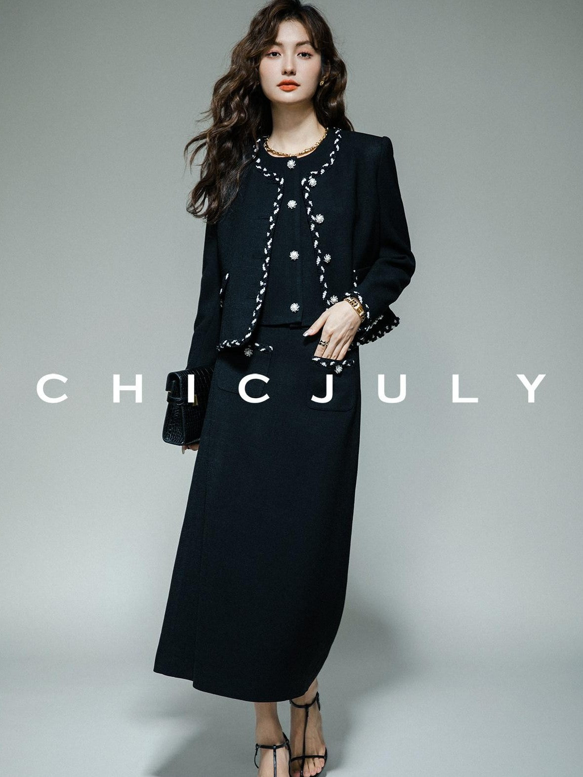 chicjuly Black White Sequin Chain Button Round Neck Women's Acetate Skirt Suits