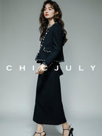 chicjuly Black White Sequin Chain Button Round Neck Women's Acetate Skirt Suits