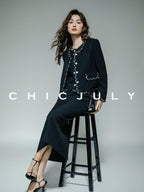 chicjuly Black White Sequin Chain Button Round Neck Women's Acetate Skirt Suits