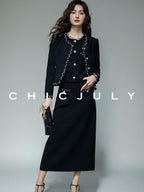 chicjuly Black White Sequin Chain Button Round Neck Women's Acetate Skirt Suits