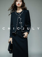 chicjuly Black White Sequin Chain Button Round Neck Women's Acetate Skirt Suits