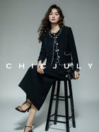 chicjuly Black White Sequin Chain Button Round Neck Women's Acetate Skirt Suits