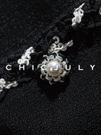 chicjuly Black White Sequin Chain Button Round Neck Women's Acetate Skirt Suits