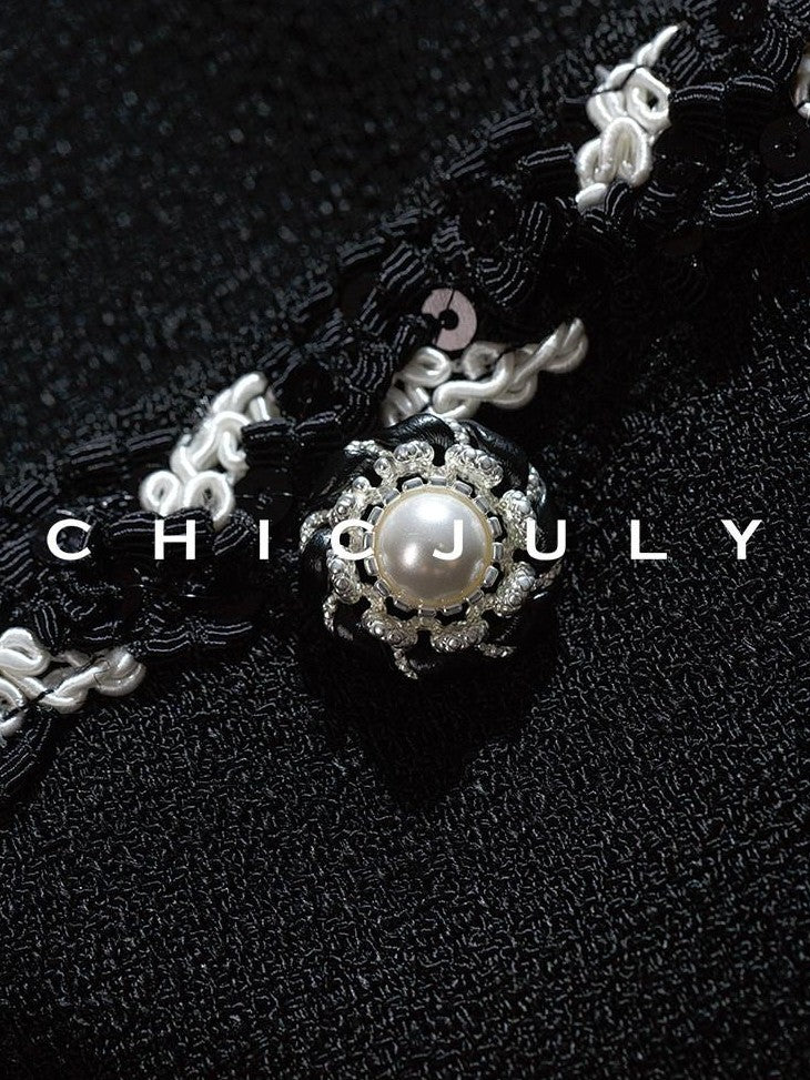 chicjuly Black White Sequin Chain Button Round Neck Women's Acetate Skirt Suits