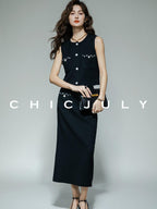 chicjuly Black White Sequin Chain Button Round Neck Women's Acetate Skirt Suits