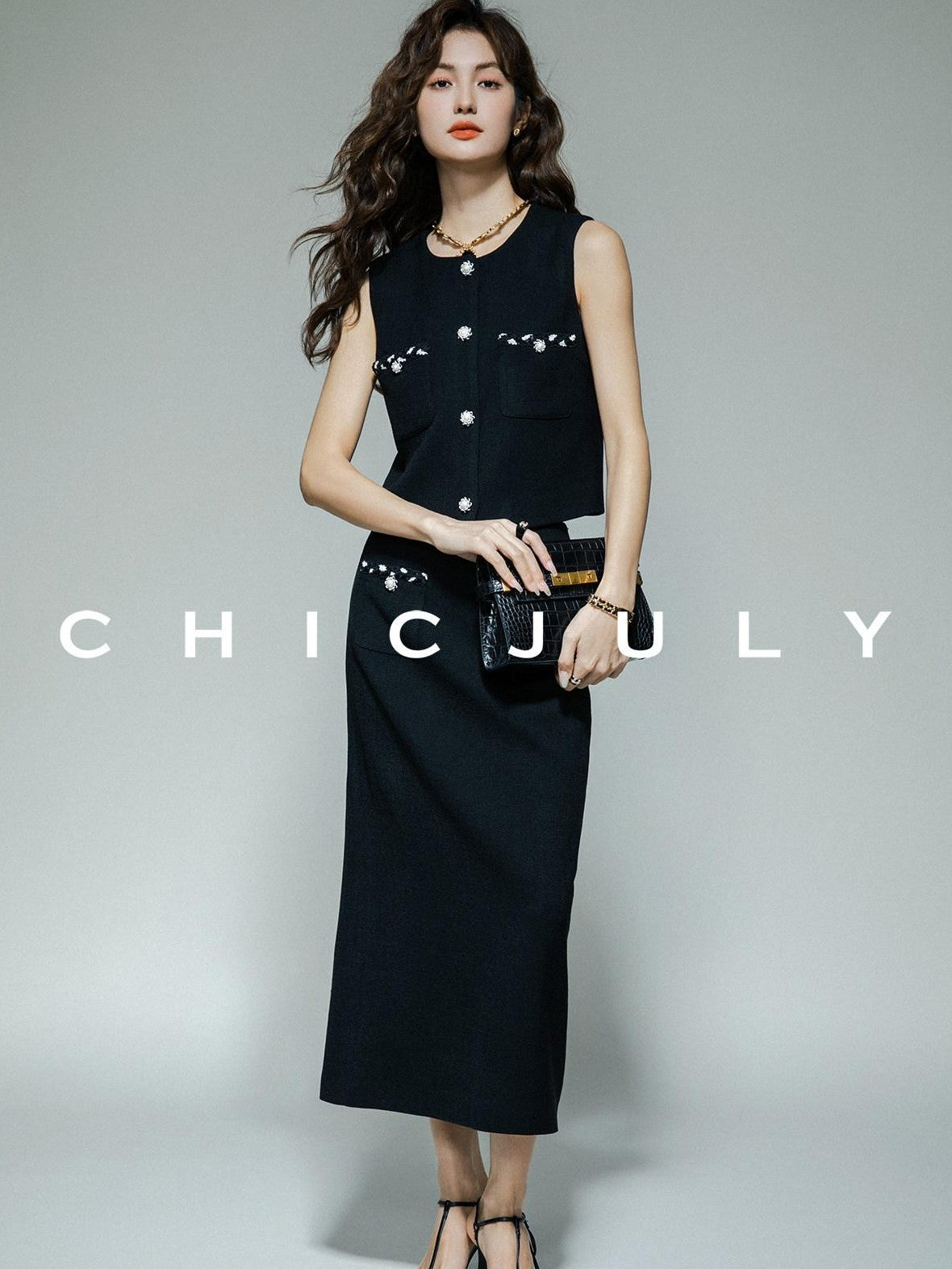chicjuly Black White Sequin Chain Button Round Neck Women's Acetate Skirt Suits