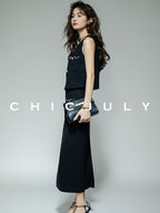chicjuly Black White Sequin Chain Button Round Neck Women's Acetate Skirt Suits