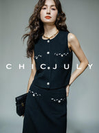 chicjuly Black White Sequin Chain Button Round Neck Women's Acetate Skirt Suits