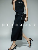 chicjuly Black White Sequin Chain Button Round Neck Women's Acetate Skirt Suits
