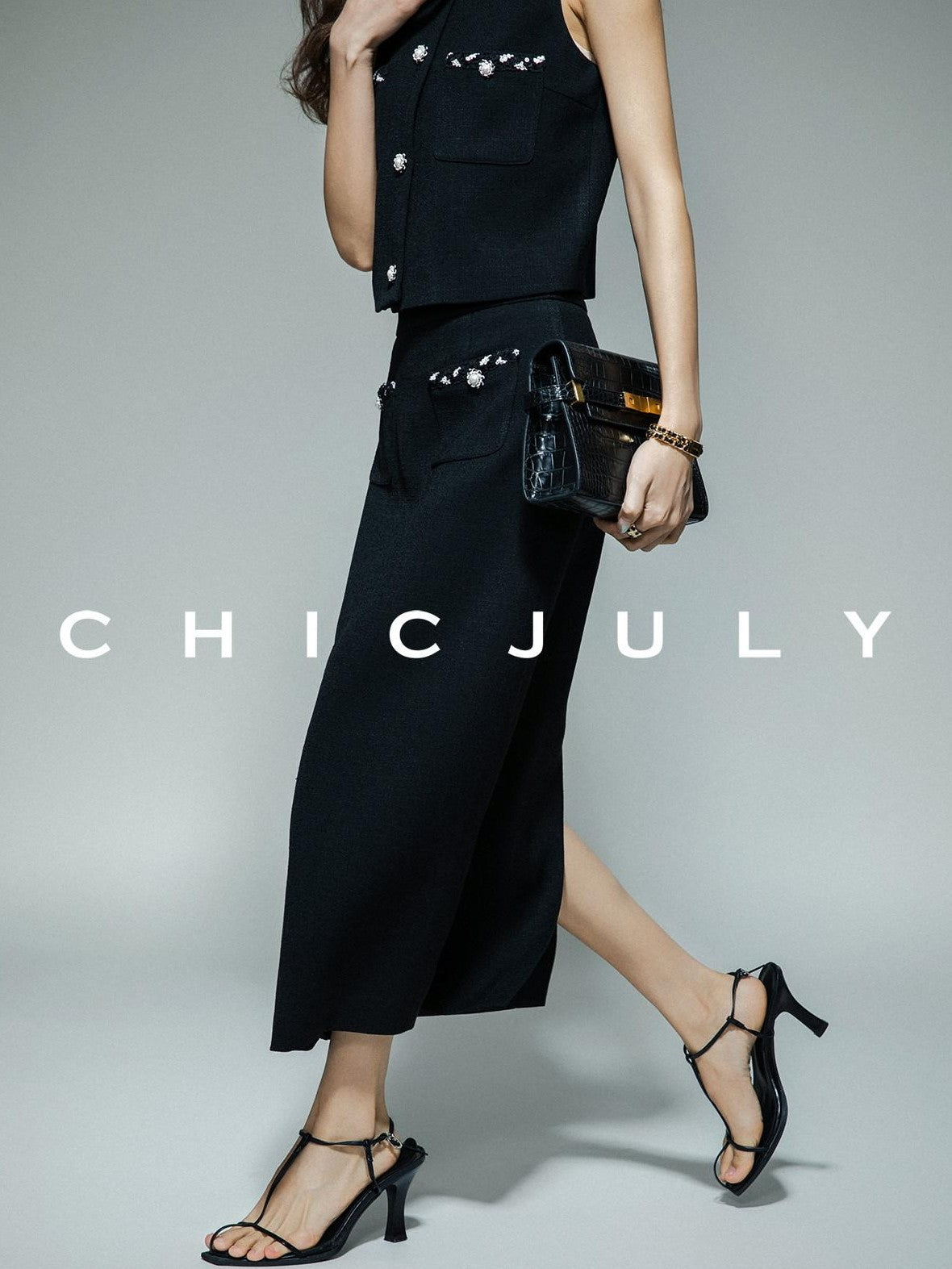 chicjuly Black White Sequin Chain Button Round Neck Women's Acetate Skirt Suits