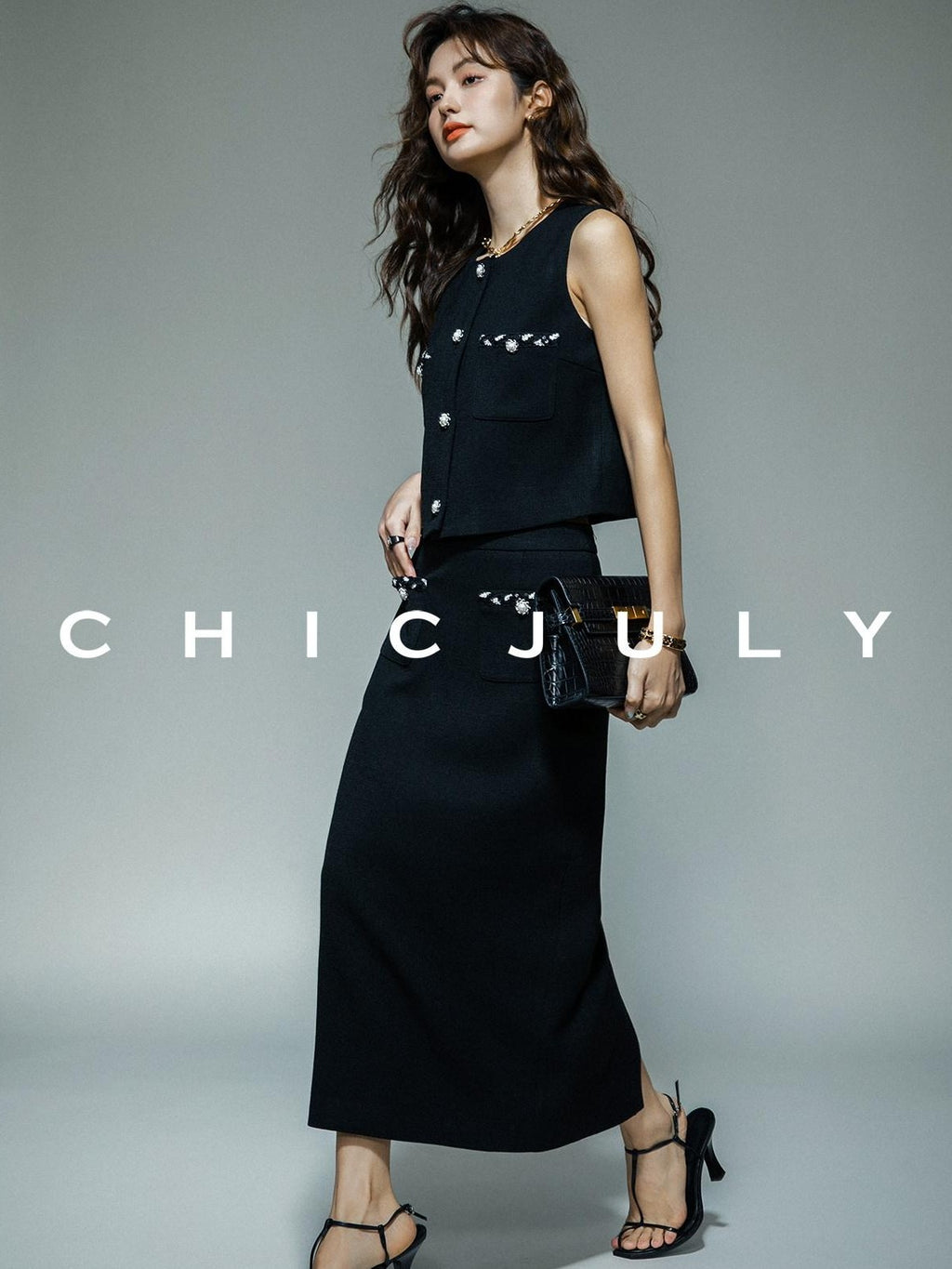chicjuly Black White Sequin Chain Button Round Neck Women's Acetate Skirt Suits