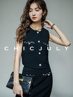 chicjuly Black White Sequin Chain Button Round Neck Women's Acetate Skirt Suits