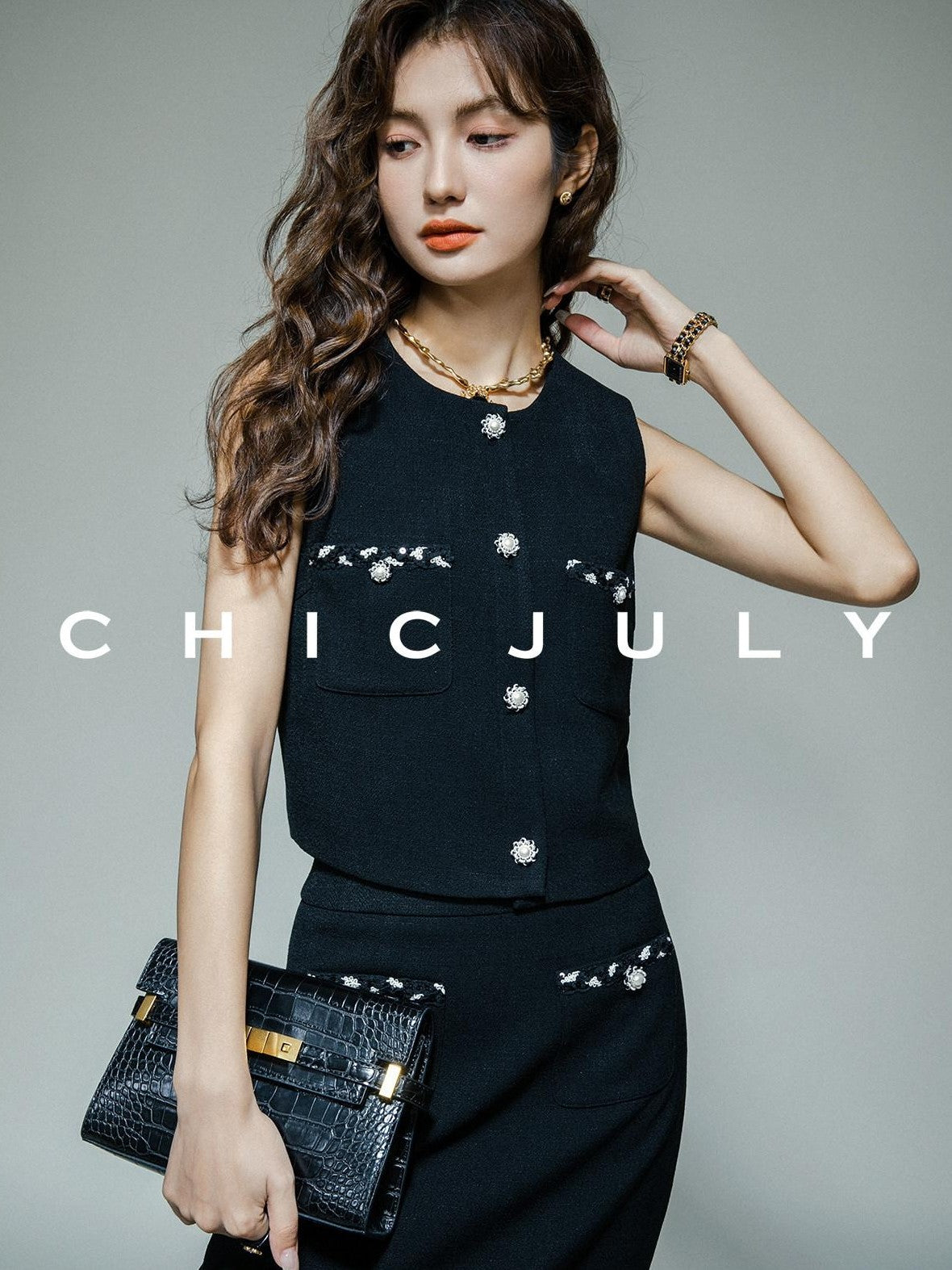 chicjuly Black White Sequin Chain Button Round Neck Women's Acetate Skirt Suits