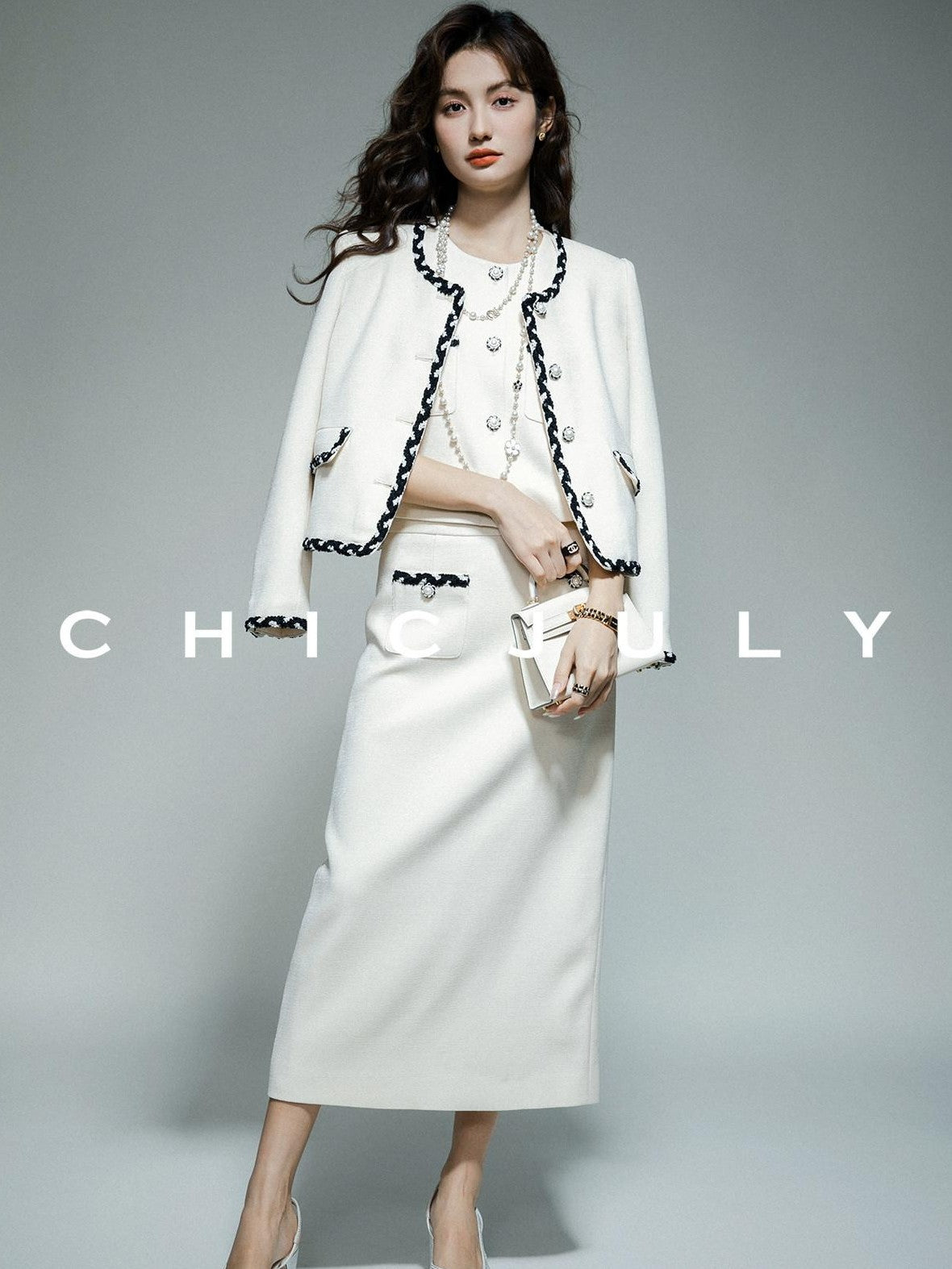 chicjuly Black White Sequin Chain Button Round Neck Women's Acetate Skirt Suits