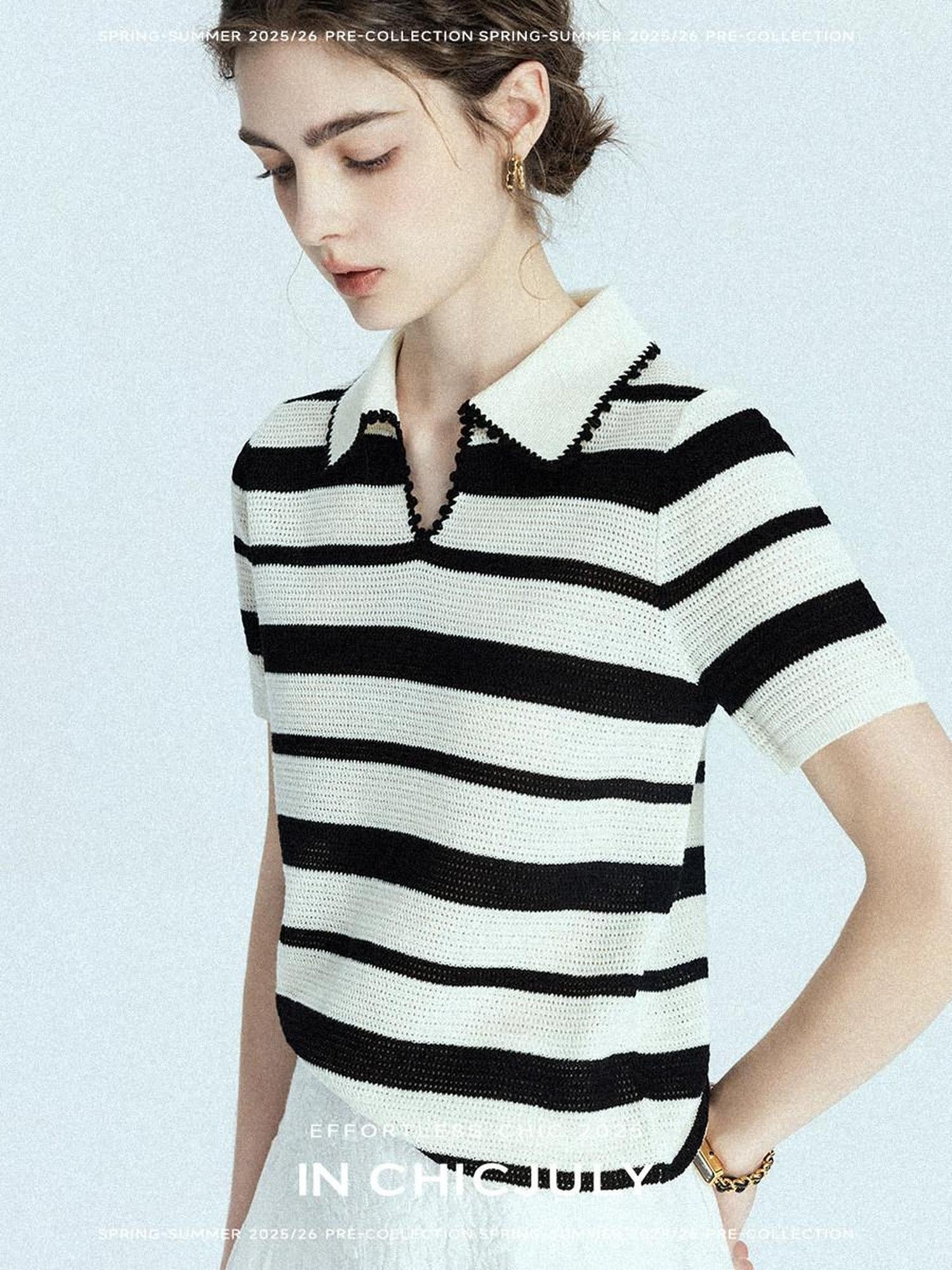 chicjuly Black White Stripe Hand Crochet V-neck Women's Wool Linen Short Sleeve T-shirts
