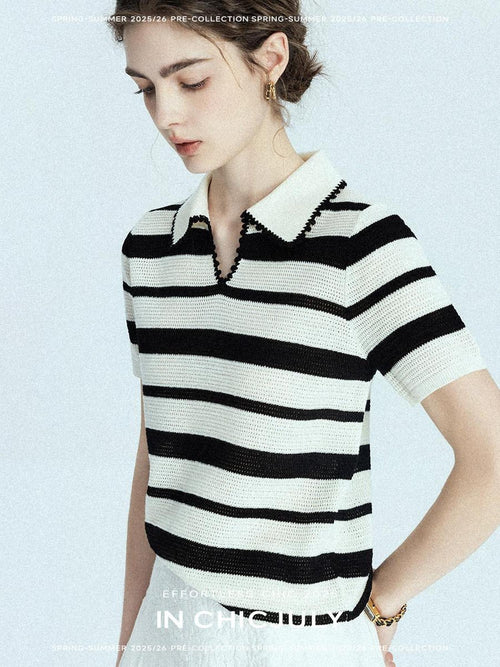 chicjuly Black White Stripe Hand Crochet V-neck Women's Wool Linen Short Sleeve T-shirts