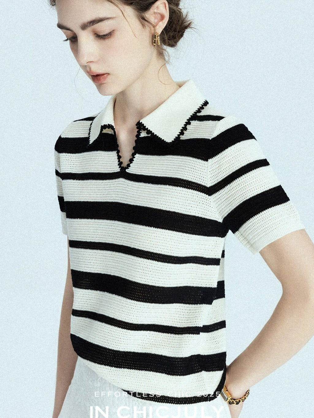 chicjuly Black White Stripe Hand Crochet V-neck Women's Wool Linen Short Sleeve T-shirts