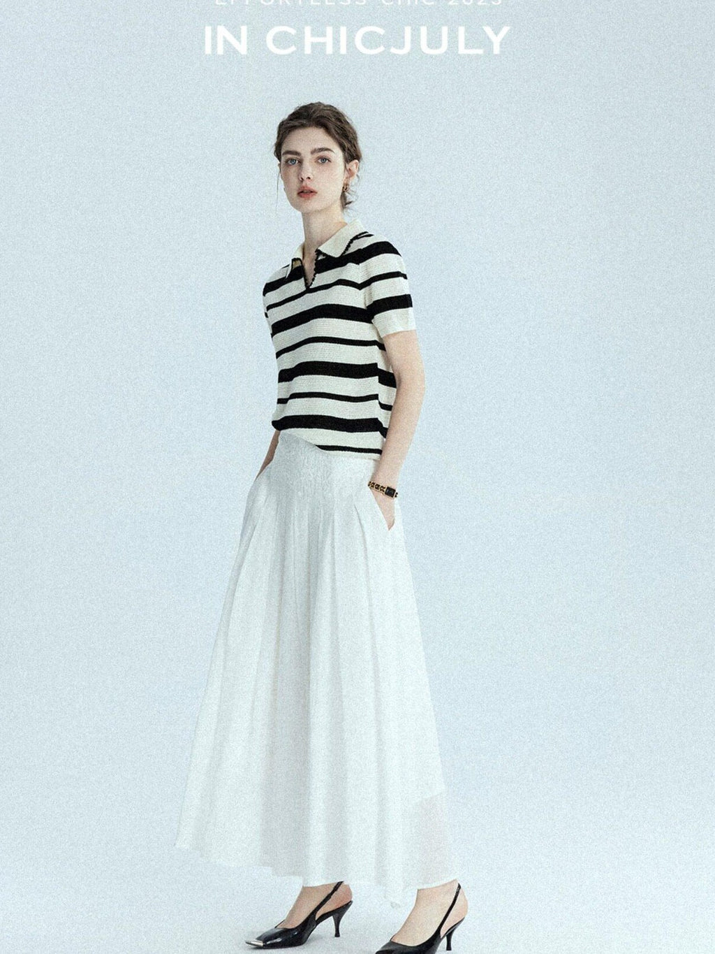 chicjuly Black White Stripe Hand Crochet V-neck Women's Wool Linen Short Sleeve T-shirts