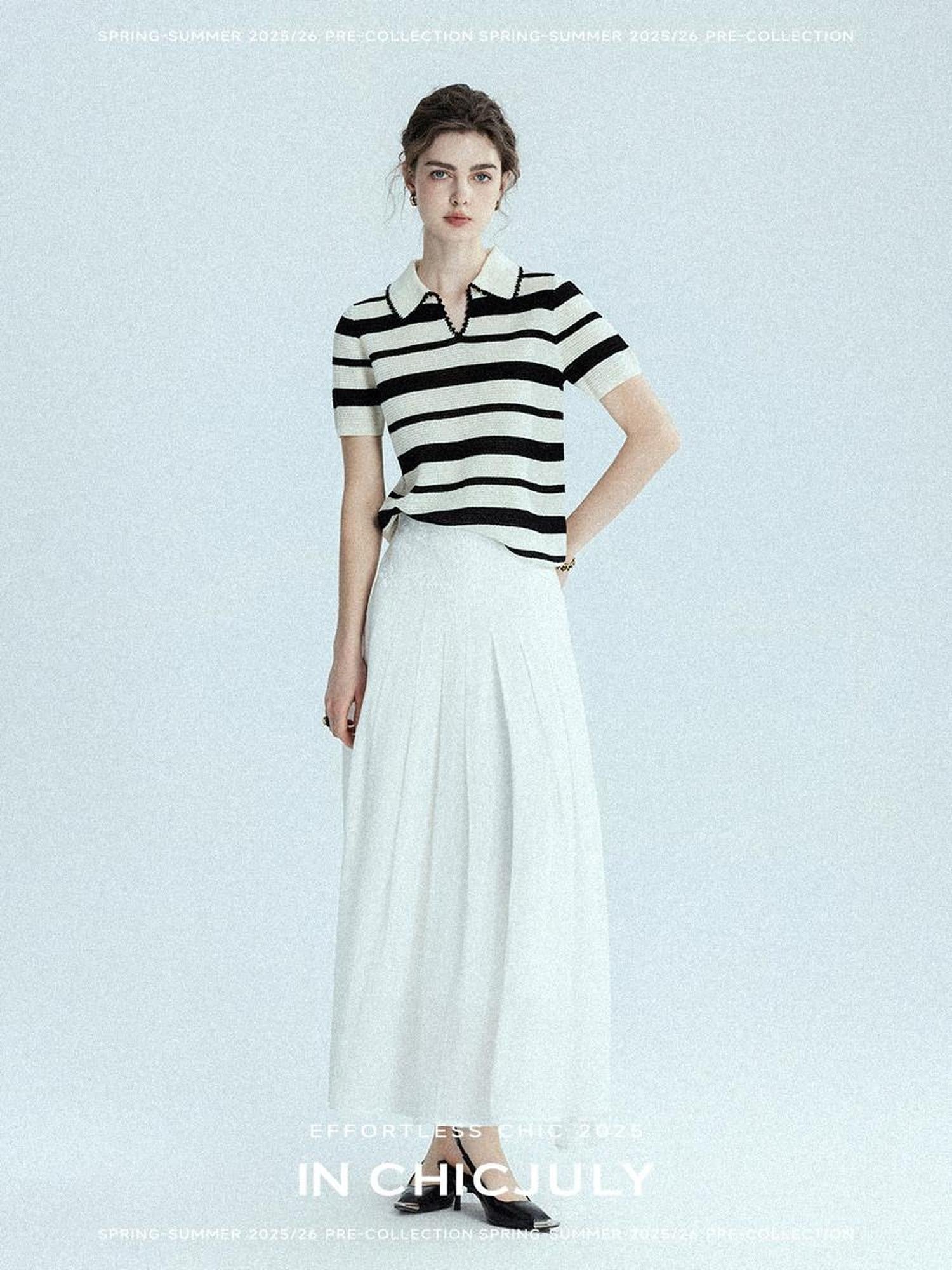 chicjuly Black White Stripe Hand Crochet V-neck Women's Wool Linen Short Sleeve T-shirts