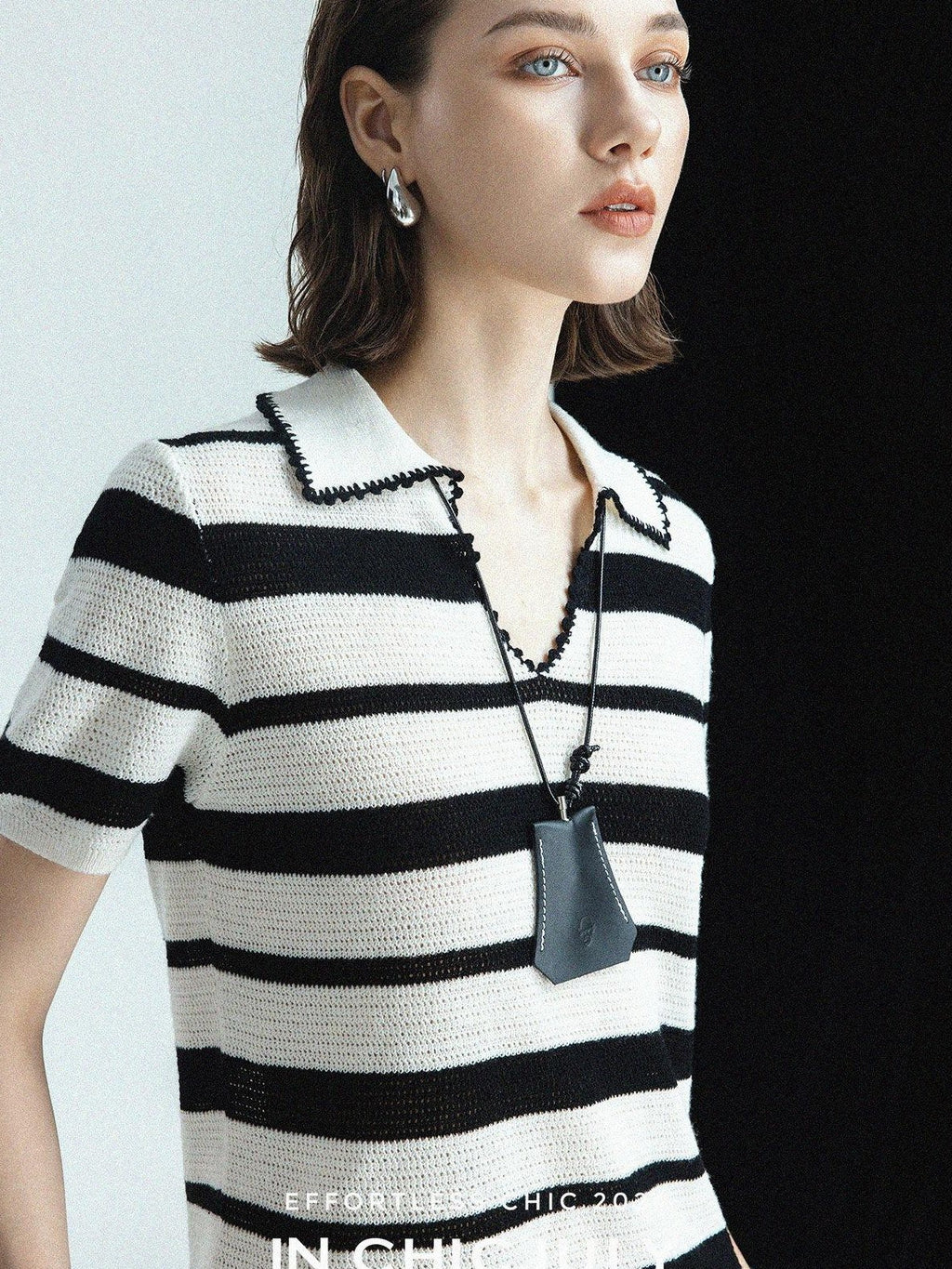 chicjuly Black White Stripe Hand Crochet V-neck Women's Wool Linen Short Sleeve T-shirts
