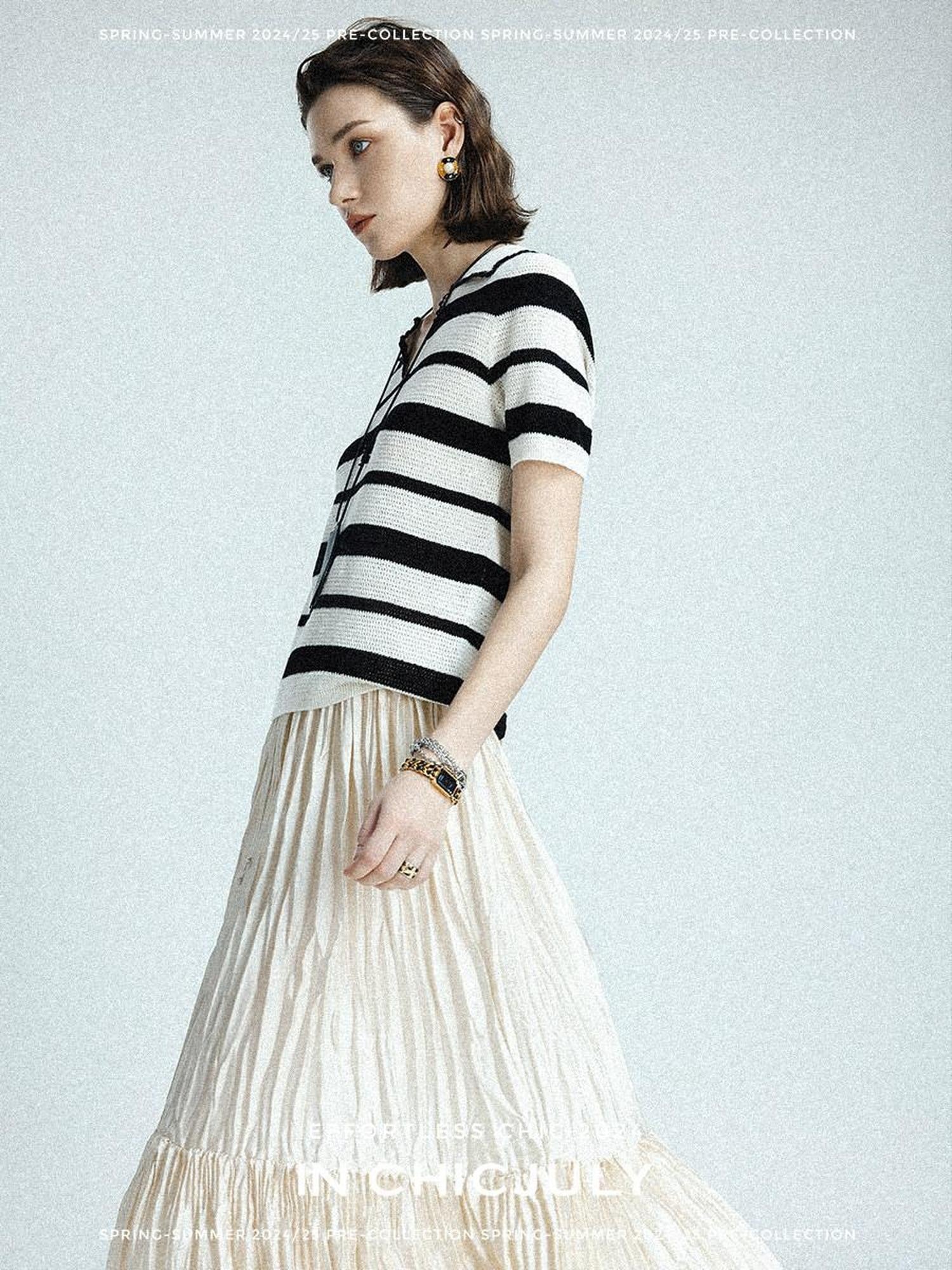 chicjuly Black White Stripe Hand Crochet V-neck Women's Wool Linen Short Sleeve T-shirts