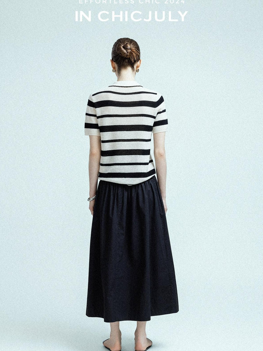 chicjuly Black White Stripe Hand Crochet V-neck Women's Wool Linen Short Sleeve T-shirts