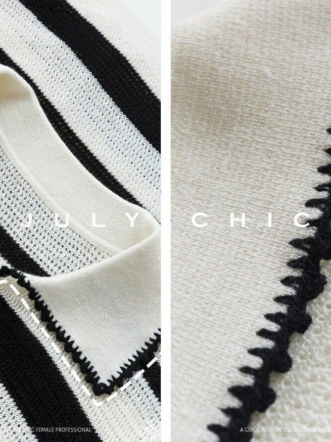 chicjuly Black White Stripe Hand Crochet V-neck Women's Wool Linen Short Sleeve T-shirts