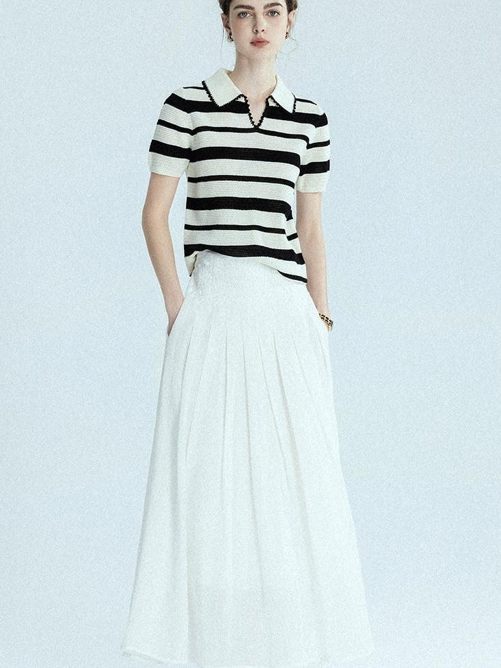 chicjuly Black White Stripe Hand Crochet V-neck Women's Wool Linen Short Sleeve T-shirts