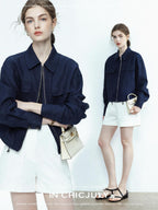 chicjuly Blue Harrington Drawstring Short Women's Linen Utility Jackets