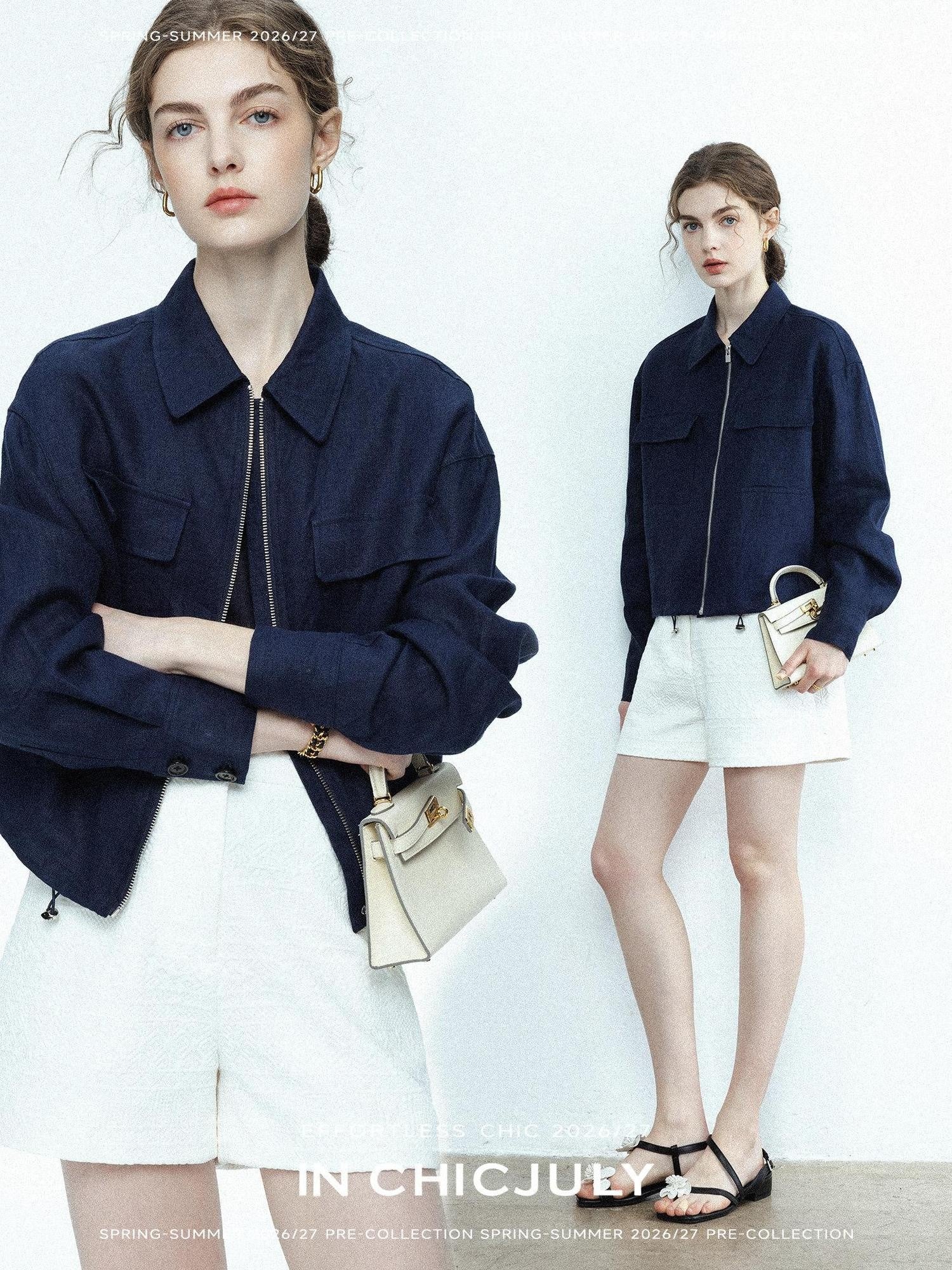 chicjuly Blue Harrington Drawstring Short Women's Linen Utility Jackets