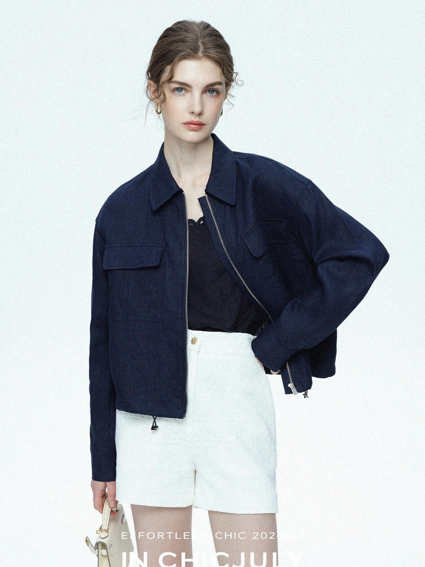 chicjuly Blue Harrington Drawstring Short Women's Linen Utility Jackets