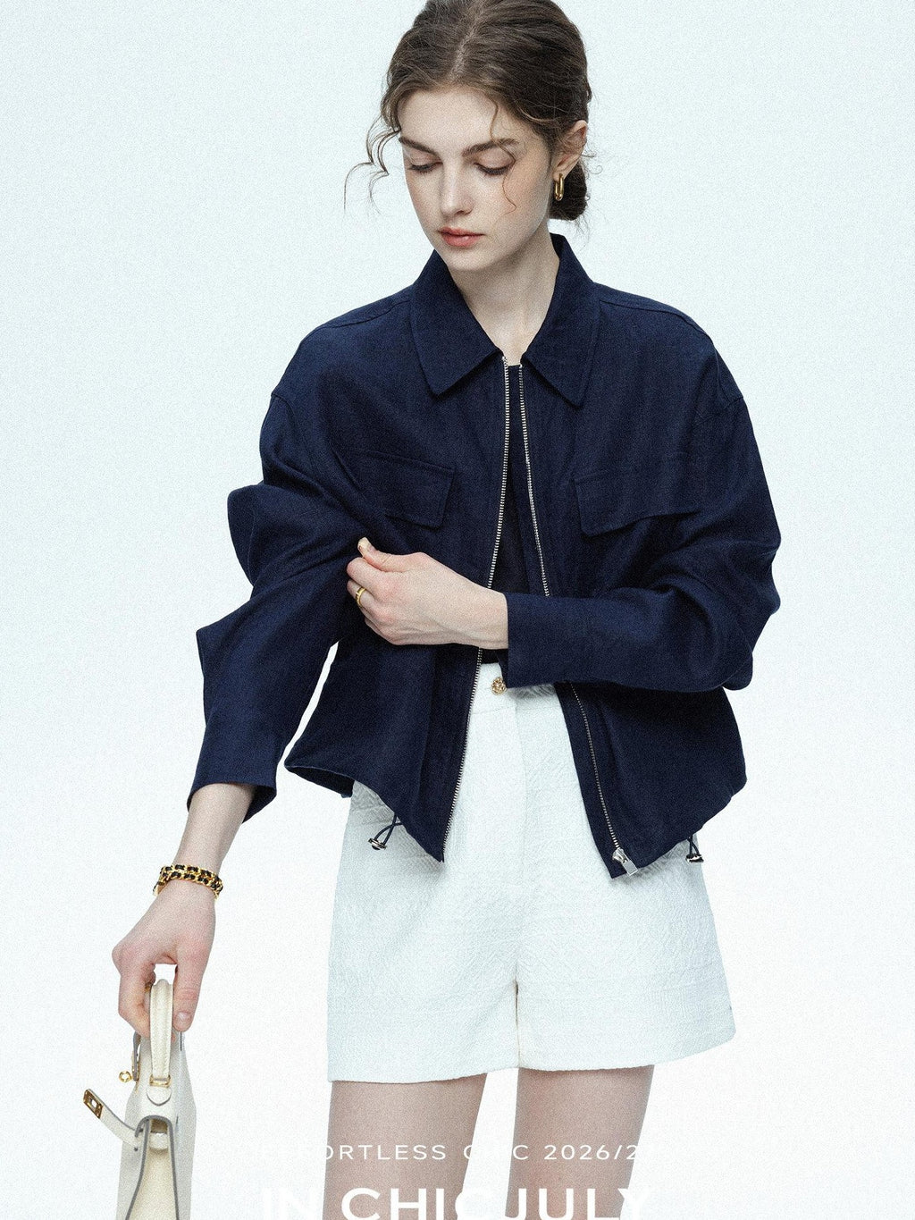 chicjuly Blue Harrington Drawstring Short Women's Linen Utility Jackets