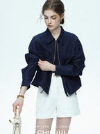 chicjuly Blue Harrington Drawstring Short Women's Linen Utility Jackets