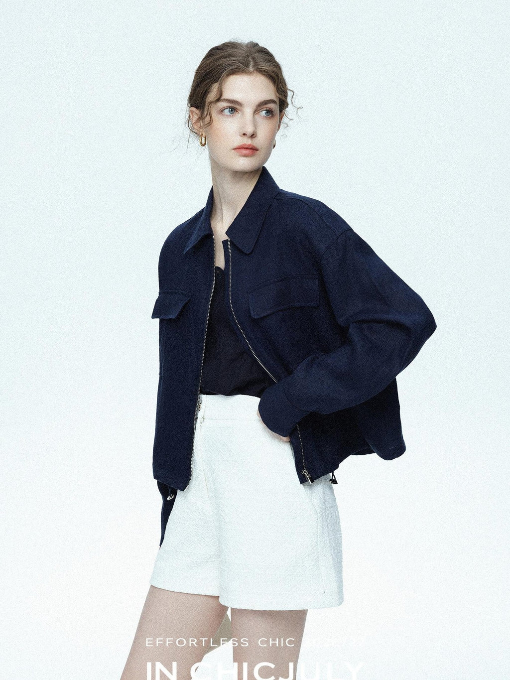 chicjuly Blue Harrington Drawstring Short Women's Linen Utility Jackets