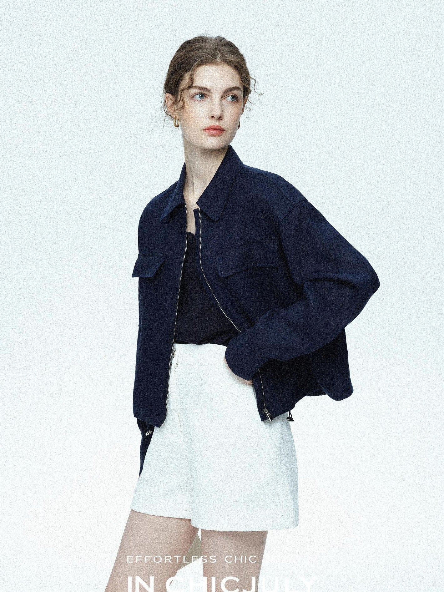 chicjuly Blue Harrington Drawstring Short Women's Linen Utility Jackets
