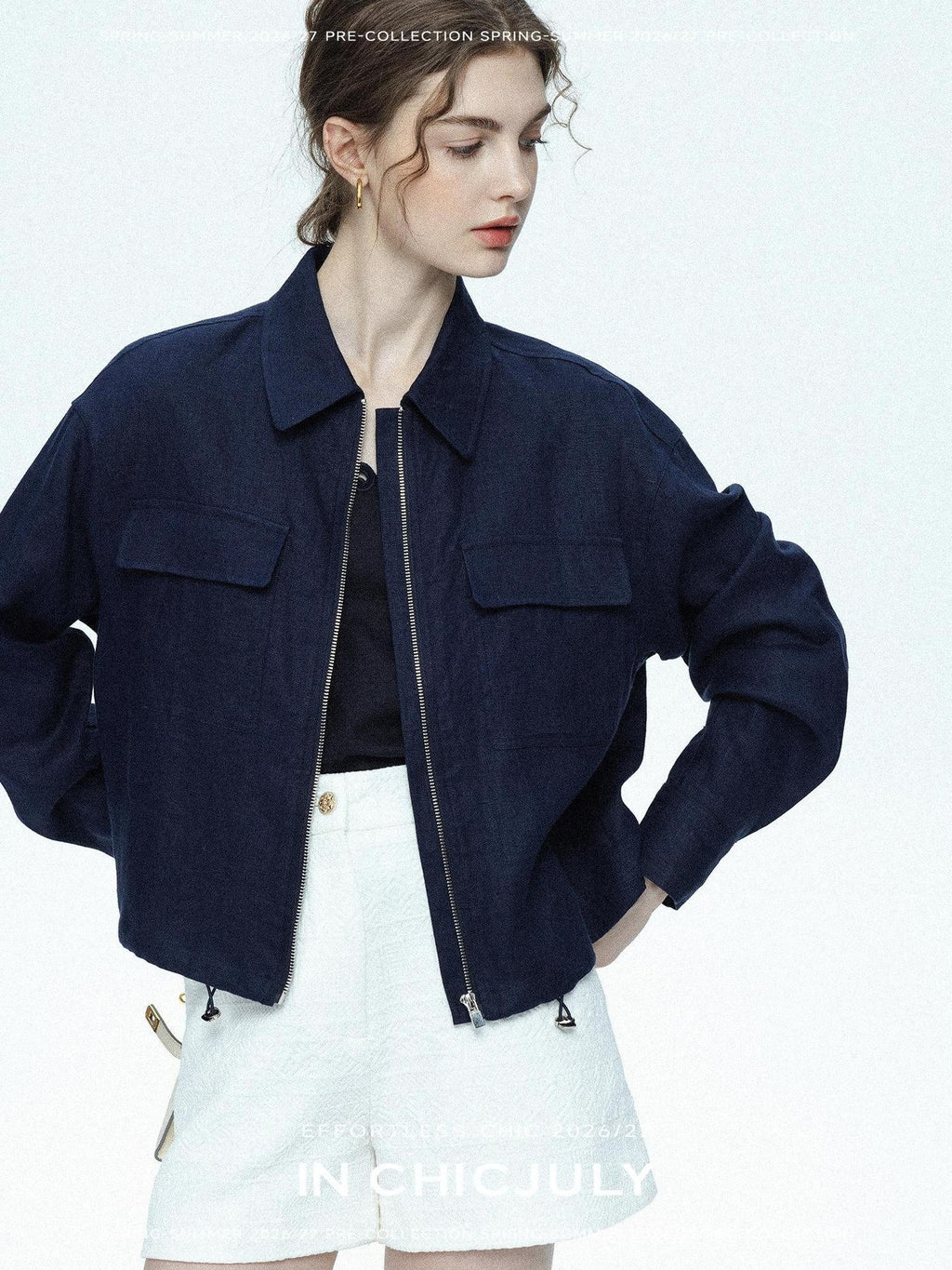 chicjuly Blue Harrington Drawstring Short Women's Linen Utility Jackets