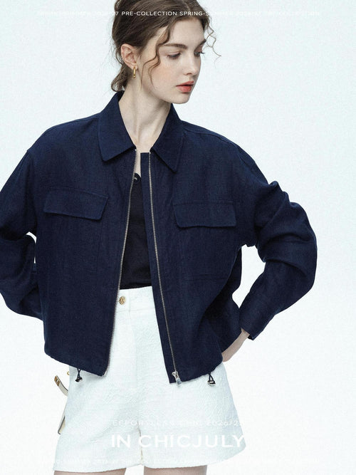 chicjuly Blue Harrington Drawstring Short Women's Linen Utility Jackets