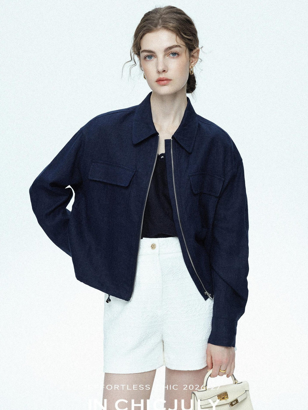 chicjuly Blue Harrington Drawstring Short Women's Linen Utility Jackets